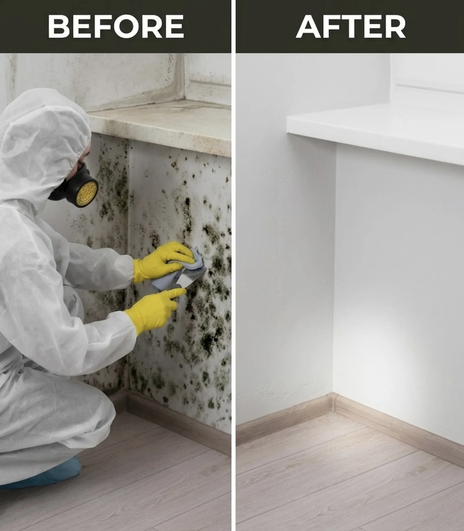 Black mold removal and mold remediation in Seattle — before and after results showing complete black mold abatement by certified technicians